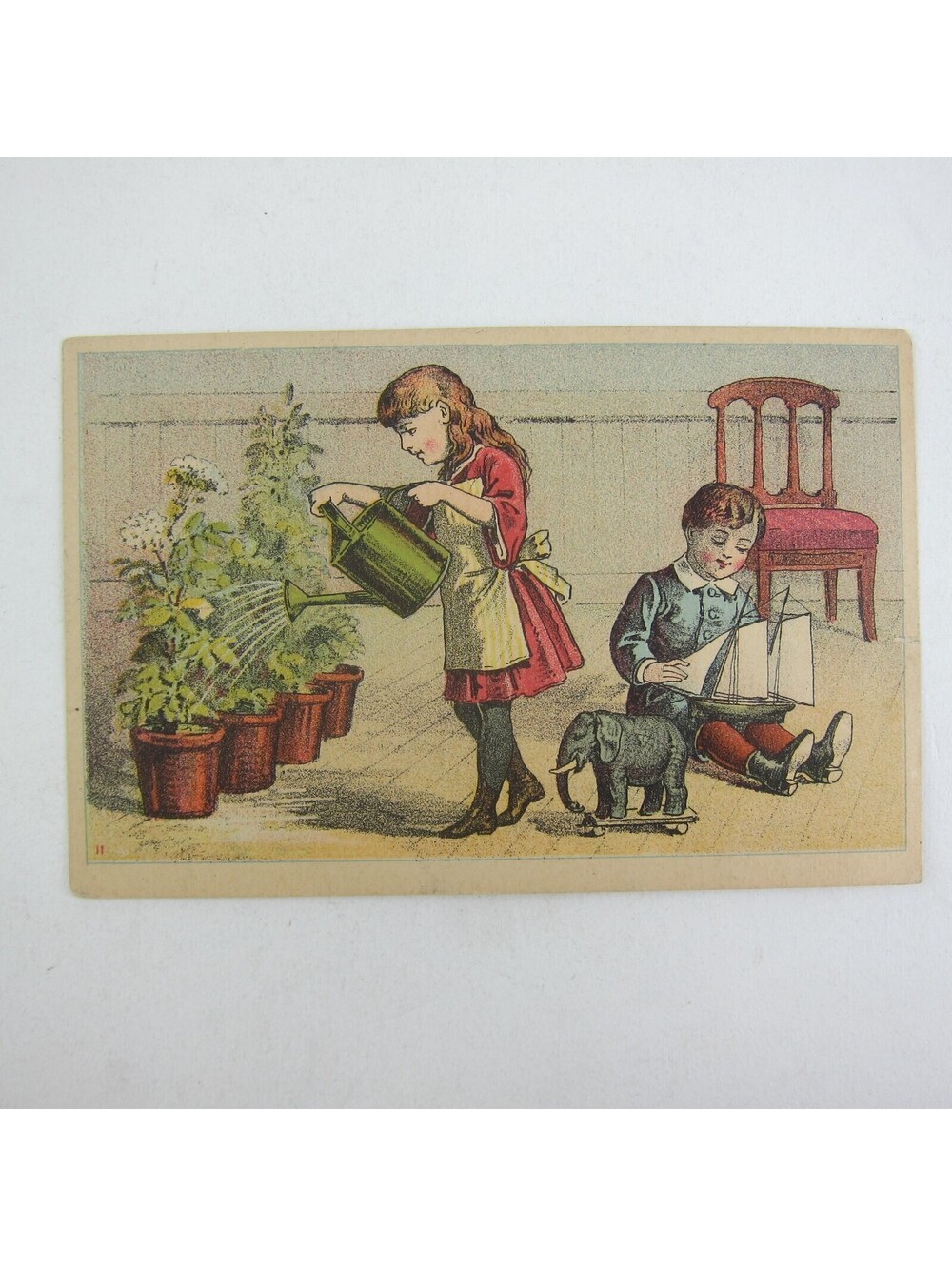 Victorian Trade Card Manhattan Clothing Girl Waters Flowers Boy Sailboat Antique